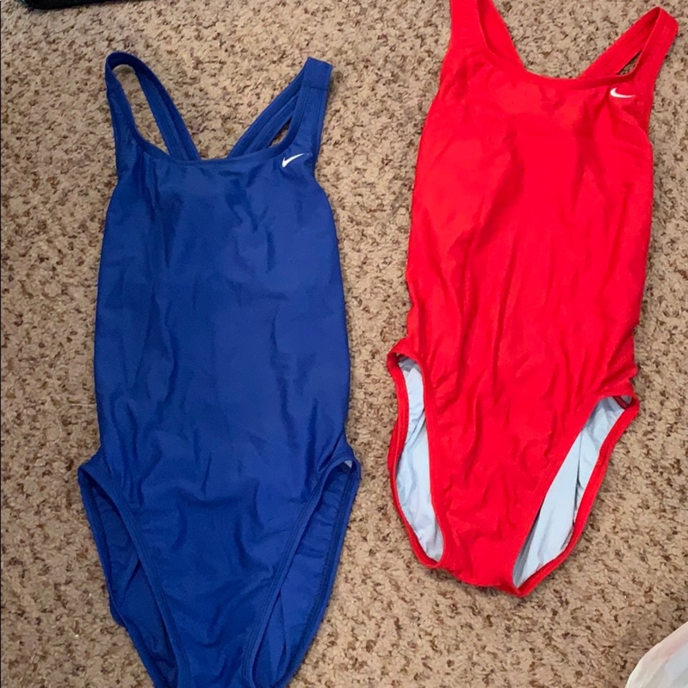 blue and red one piece swimsuits
